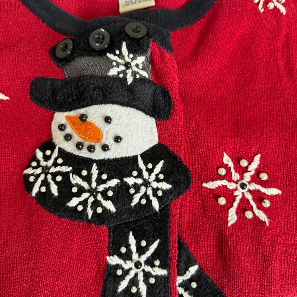 Timberlea Vintage Christmas Snowman Cardigan Sweater XL Red Ramie Cotton Knit